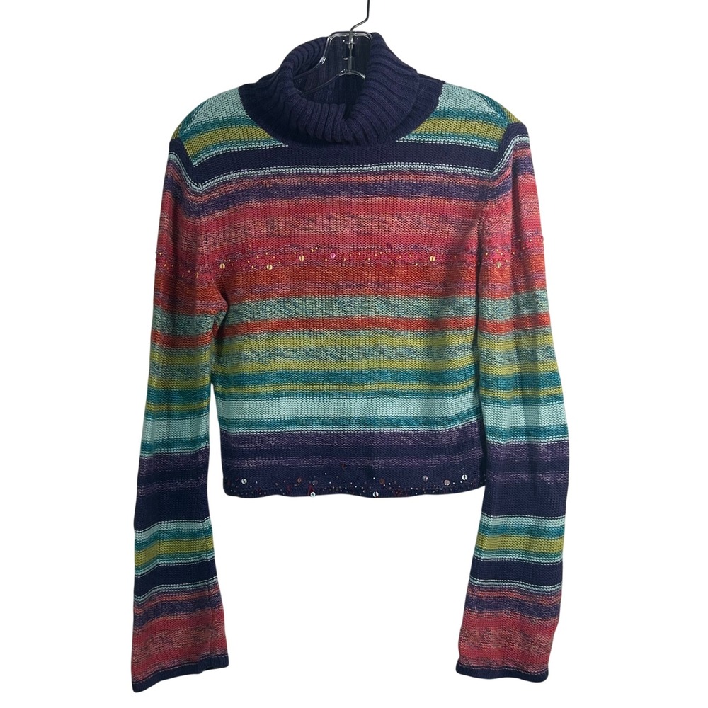 Rocket Candy Vintage Rainbow Striped Beaded Turtleneck Cropped Sweater Large